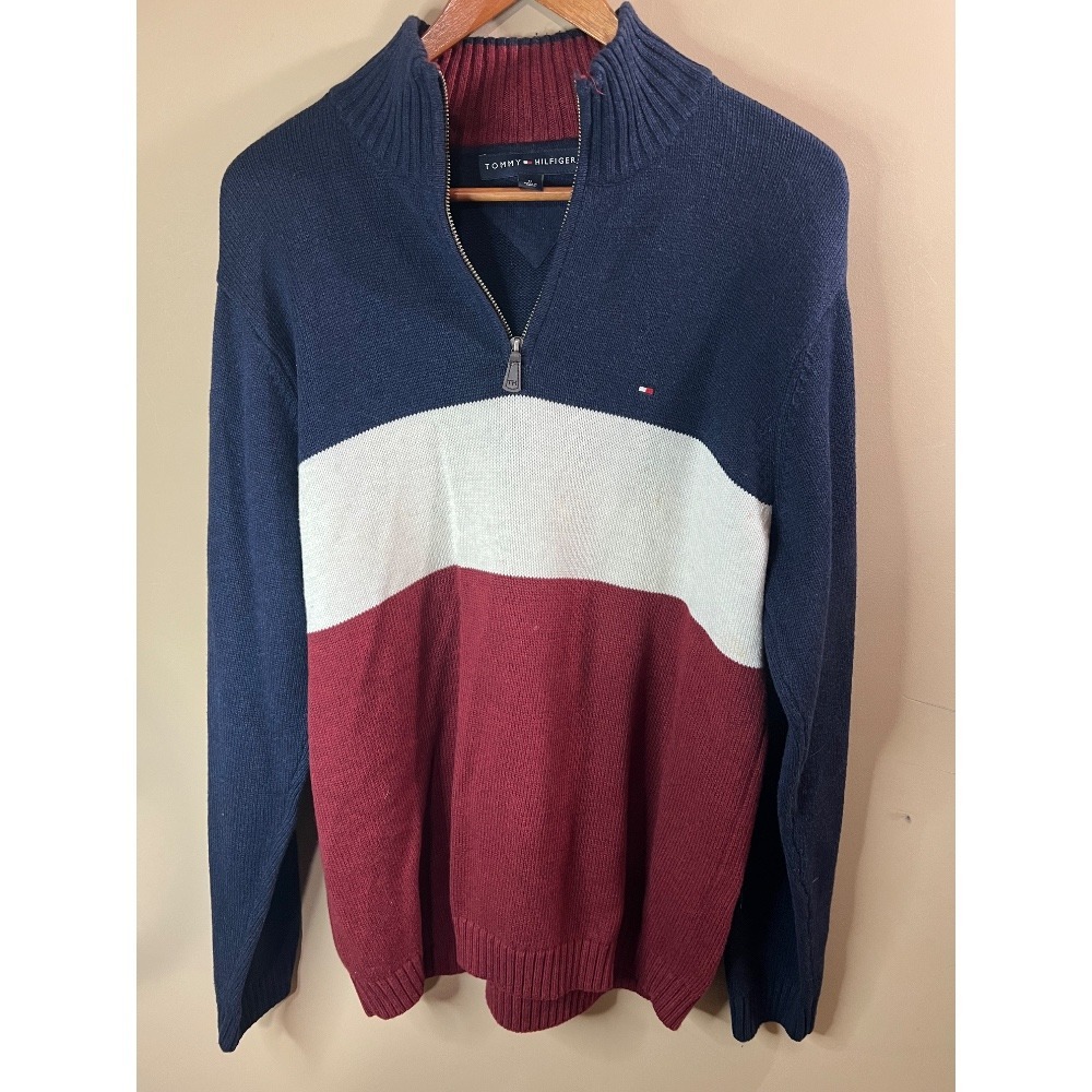 Tommy Hilfiger Quarter Zip Sweater Color Block Pullover Knit‎ Mens Size M